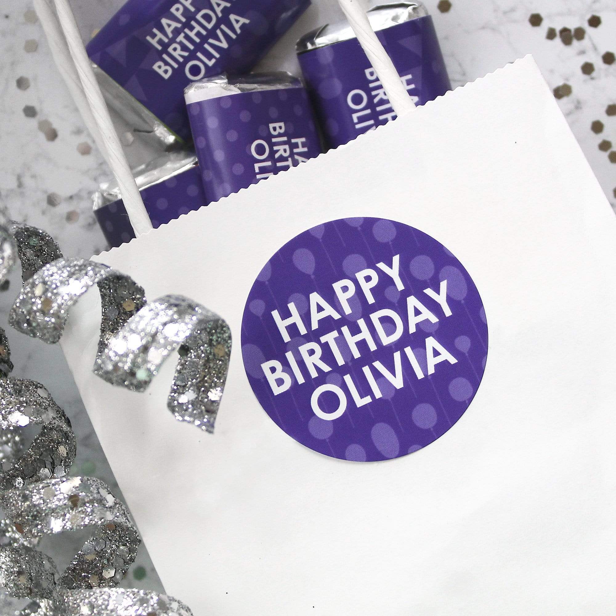 Purple Personalized Happy Birthday Party Favor Stickers with Name - 1.75 in - 40 Labels